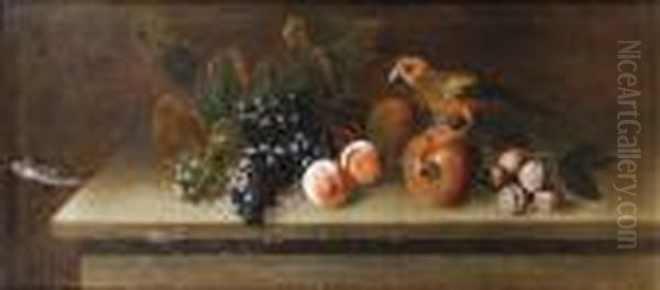 A Parrot With Grapes, Peaches, Plums And Apomegranate On A Table-top Oil Painting by Tobias Stranover