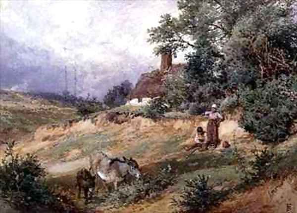 Children and Donkeys by a Heath Cottage Oil Painting by Myles Birket Foster