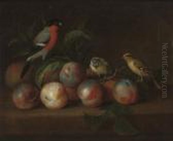 A Bullfinch And Other Birds With Peaches Oil Painting by Tobias Stranover