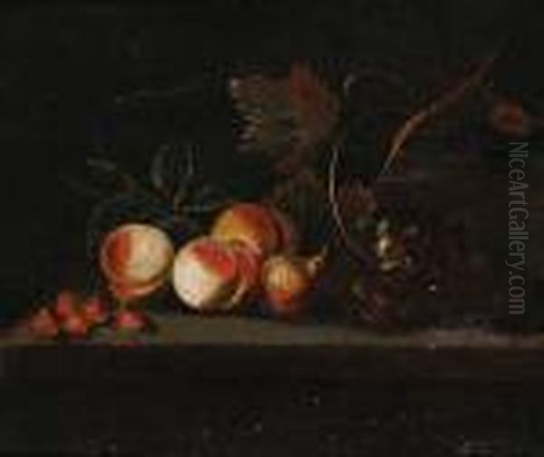 Still Life Of Peaches, Strawberries And Grapesresting On A Ledge Oil Painting by Tobias Stranover