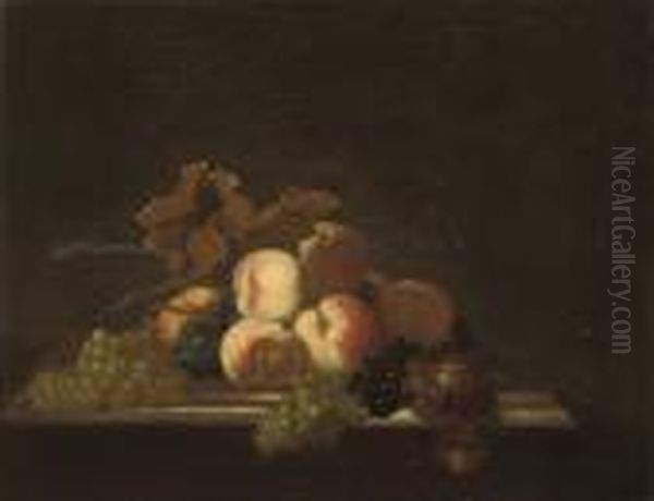 Peaches And Grapes On The Vine, On A Stone Ledge Oil Painting by Tobias Stranover