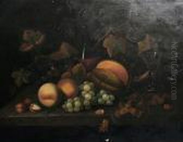 Still Life With Fruit, Nuts And A Decanter On A Ledge Oil Painting by Tobias Stranover