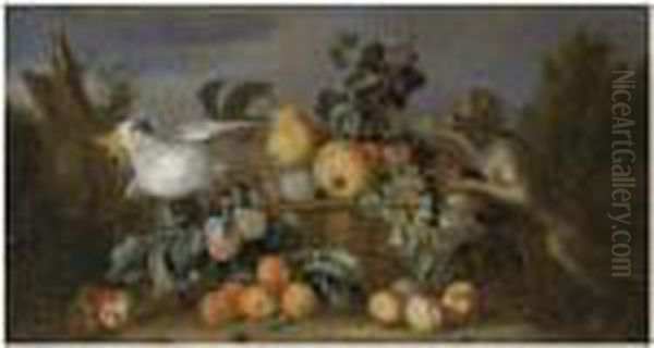 A Still Life With Pears, 
Apricots And Peaches In A Basket With A Monkey And A Cockatoo In A 
Landscape Oil Painting by Tobias Stranover