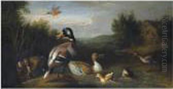 A River Landscape With Fowl Before A Cottage, A Church In The Distance Beyond Oil Painting by Tobias Stranover