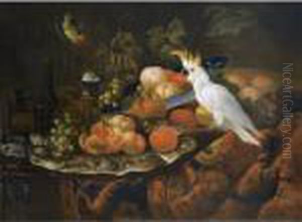 A Still Life With Grapes 
Pommegranates, Peaches, Oranges And Other Fruit On Pewter Plates And A 
Porcelain Bowl On A Table Draped With A Carpet Together With A 
Sulphur-crested Cockatoo And A Finch Oil Painting by Tobias Stranover