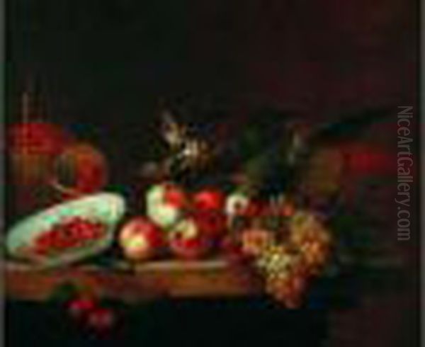 Nature Morte Aux Raisins Et Panier De Fraises Sur Un Entablement Oil Painting by Tobias Stranover