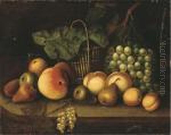 Grapes On The Vine, Pears, Peaches, A Wicker Basket And Other Fruiton A Ledge Oil Painting by Tobias Stranover