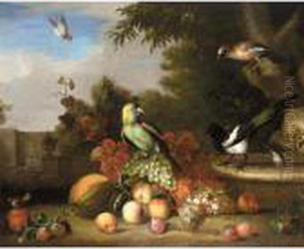 Still Life Of Fruit, A Parrot, A Magpie And Other Birds In A Park Setting Oil Painting by Tobias Stranover