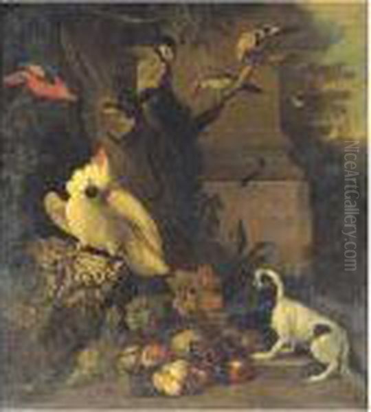 A Monkey, A Dog And Various Birds In A Landscape Among Ruins Oil Painting by Tobias Stranover