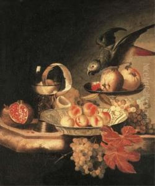 A Wanli-kraak Porselein Bowl Of 
Peaches, A Peeled Lemon In Aroemer, Apples And Parakeet In A Tazza And A
 Pomegranate, Grapes Ona Ledge Oil Painting by Tobias Stranover