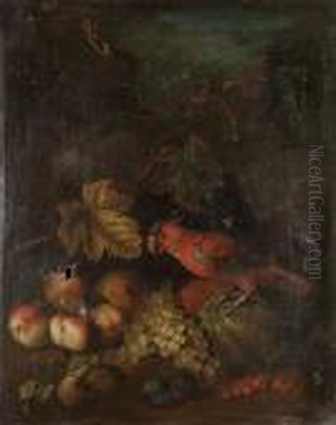 Peaches, Grapes, Plums, A Melon 
And Redcurrants With A Parrot And A Goldfinch, A Landscape Beyond Oil Painting by Tobias Stranover