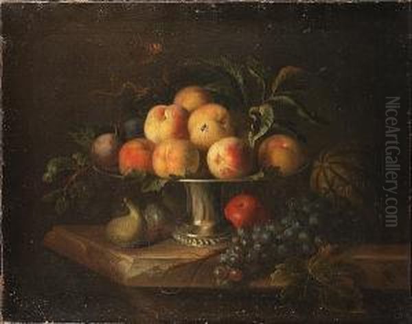 Peaches On A Silver Tazza With A Melon, An Apple, Grapes And Figs On A Stone Ledge Oil Painting by Tobias Stranover