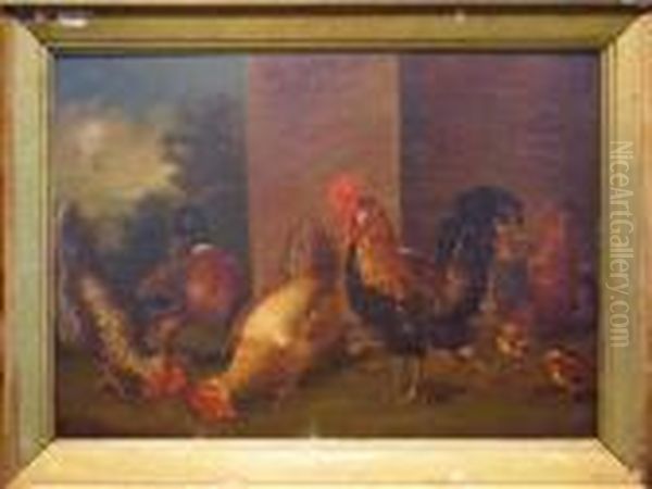 Fowl In A Barnyard Oil Painting by Tobias Stranover