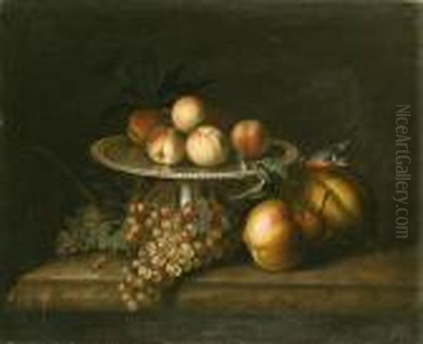 Peaches On A Silver Tazza, With Grapes, A Pear, A Melon And A Birdon A Marble Ledge Oil Painting by Tobias Stranover