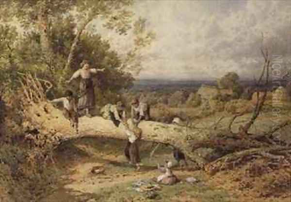 Children Playing on a Fallen Tree Oil Painting by Myles Birket Foster