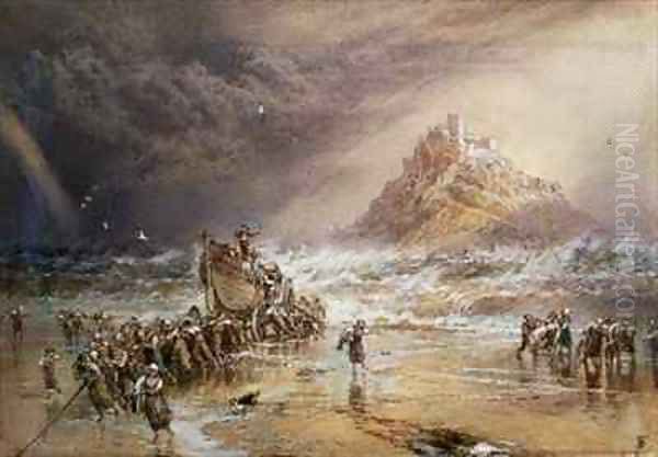 The Return of the Life Boat with St Michaels Mount in the Distance Oil Painting by Myles Birket Foster