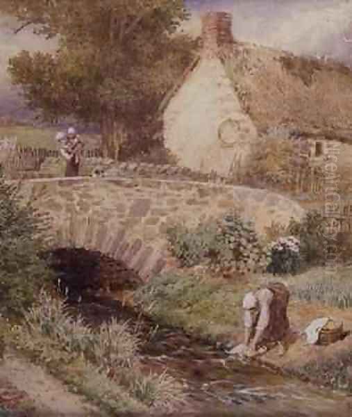 Woman Washing Clothes in a Stream Oil Painting by Myles Birket Foster