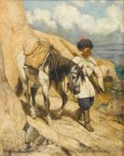 A Cossack With His Horse Oil Painting by Josef Anton, Tony Strassgschwandtner