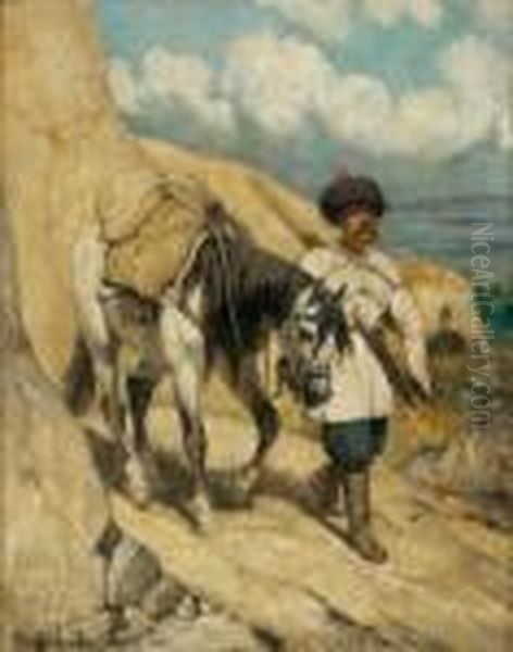 A Cosak Traveling On A Small Mountain Path On His Horse Oil Painting by Josef Anton, Tony Strassgschwandtner