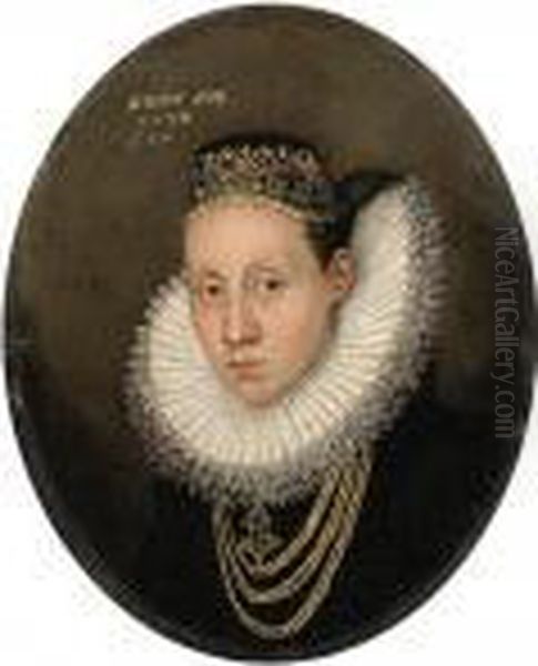 Portrait Of A Lady, Aged 27, Small Bust Length, In A White Ruff Andgold Embroidered Cap Oil Painting by Lorenz Strauch