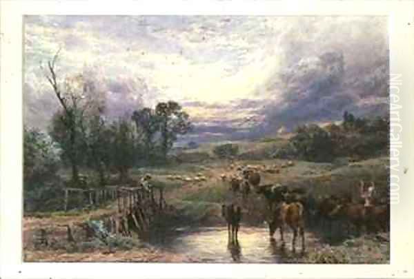 Landscape with Cattle and Bridge Oil Painting by Myles Birket Foster