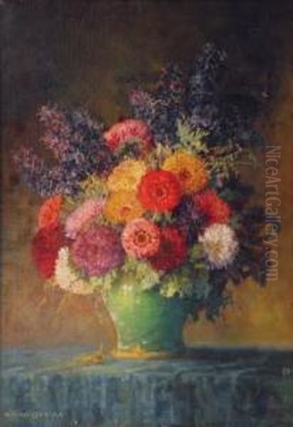 Herbstblumenstraus In Gruner Vase Oil Painting by Max Theodor Streckenbach