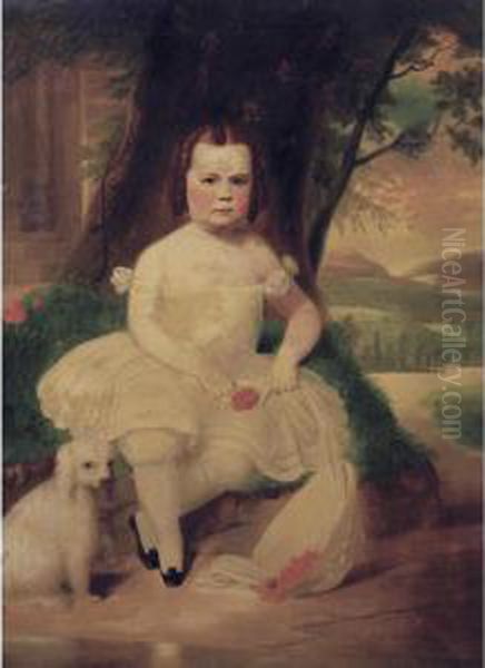 Portrait Of A Dark-haired Young Girl With A White Poodle Oil Painting by Robert Street