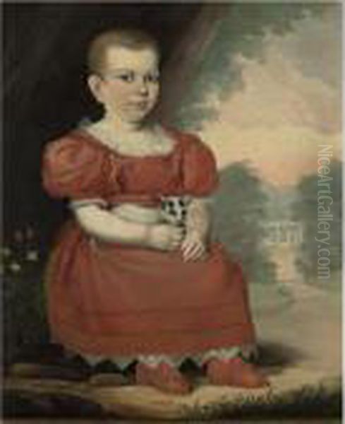 A Child In A Red Dress With Triangular Lace Petticoat, Holding A Kitten Oil Painting by Robert Street