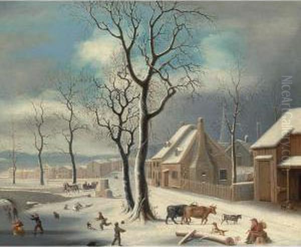 Village In Winter Oil Painting by Robert Street