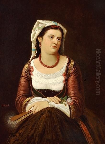 A Young Italian Girl Holding A Pink Rose Oil Painting by Franciszek Streitt