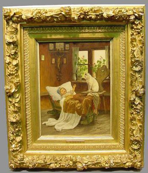 Cat And Cradle Oil Painting by Franciszek Streitt