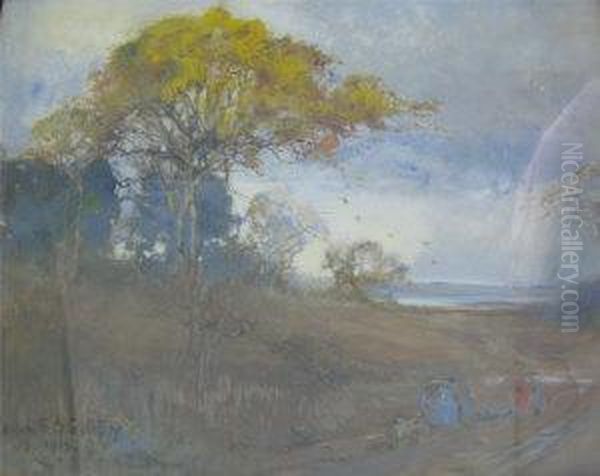 Landscape With Gypsy Caravans Travelling Along A Track With Treesand Water Beyond Oil Painting by Philip Eustace Stretton