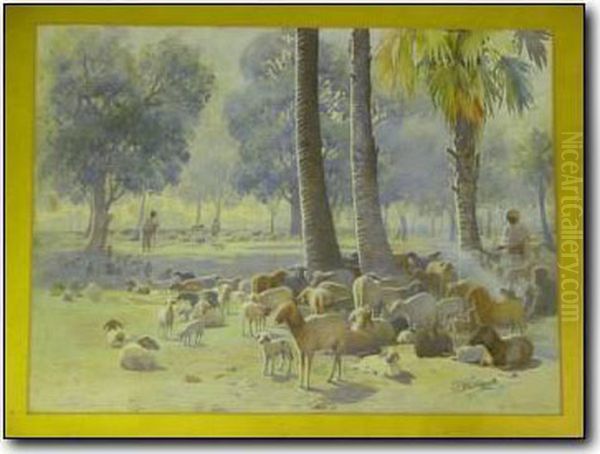 Northafrican Scene With Goat Herders Amongst Trees Oil Painting by Philip Eustace Stretton