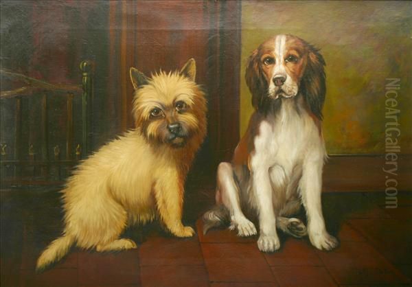 Aborder Terrier And Springer Spaniel In An Interior Oil Painting by Philip Eustace Stretton