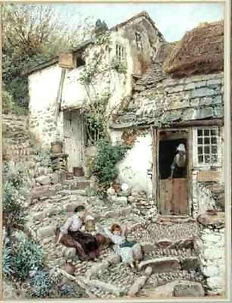 Young Girls At Rest On Cobbled Steps Oil Painting by Myles Birket Foster