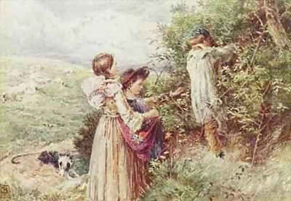 Children picking blackberries Oil Painting by Myles Birket Foster