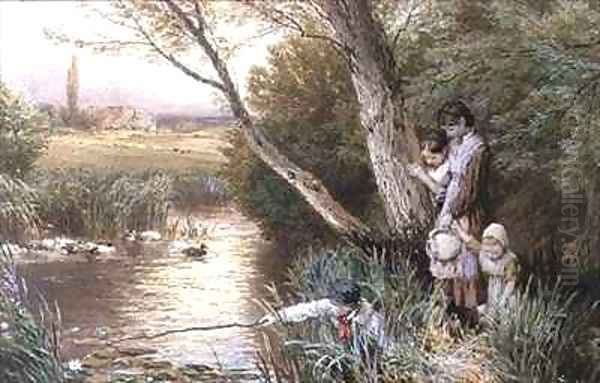 Children Playing by a Stream Oil Painting by Myles Birket Foster