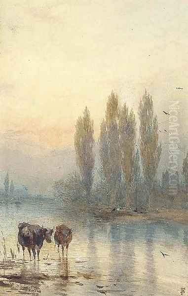 Cattle watering, evening Oil Painting by Myles Birket Foster