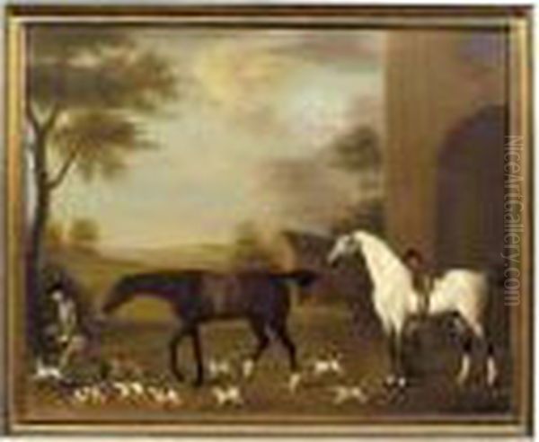 Two Hunters With Their Grooms Accompanied By Hounds Oil Painting by Thomas Stringer