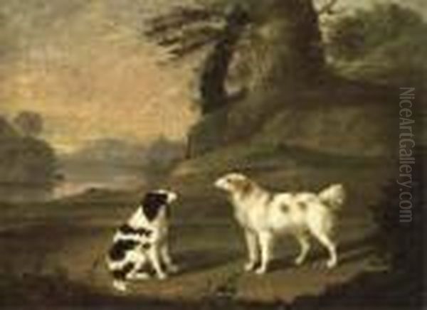 Two Spaniels In A Wooded River Landscape Oil Painting by Thomas Stringer