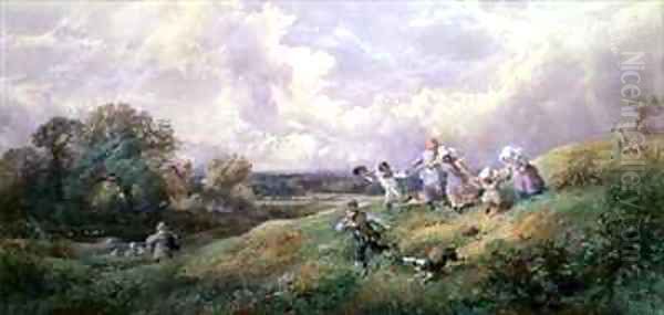 Children Running Down a Hill Oil Painting by Myles Birket Foster