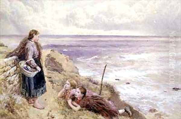 On Cullercoats Cliffs Oil Painting by Myles Birket Foster