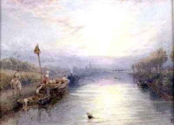 River Landscape Oil Painting by Myles Birket Foster