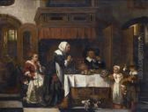 A Family Meal Oil Painting by Johannes Anthonie Balthasar Stroebel