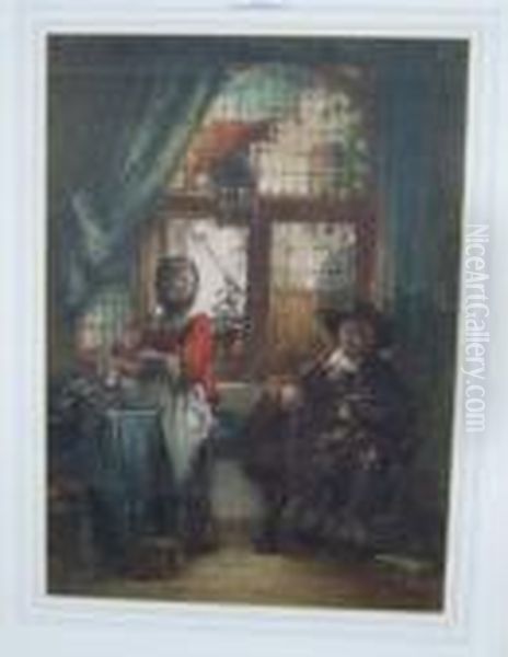 Dutch Figures Inan Interior Oil Painting by Johannes Anthonie Balthasar Stroebel