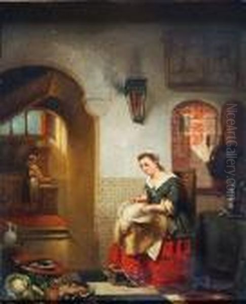 Interior Of A Kitchen With Maid Plucking A Chicken While Seated On A Chair Oil Painting by Johannes Anthonie Balthasar Stroebel