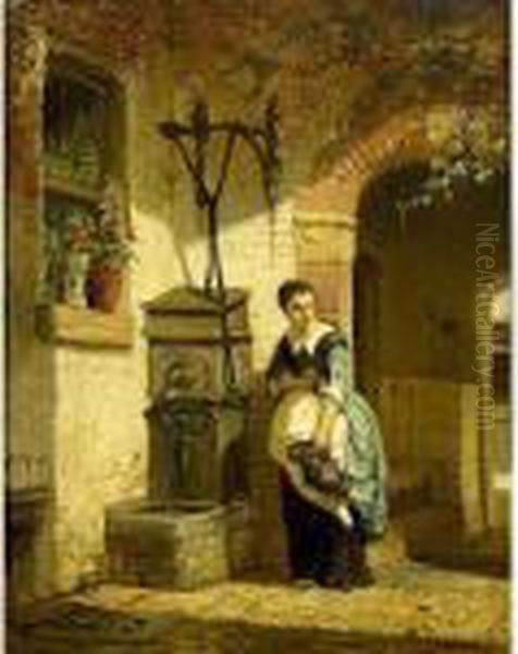 A Kitchen Maid In A Courtyard Oil Painting by Johannes Anthonie Balthasar Stroebel