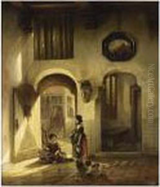 Children In An Interior Oil Painting by Johannes Anthonie Balthasar Stroebel