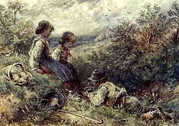 Children collecting eggs Oil Painting by Myles Birket Foster