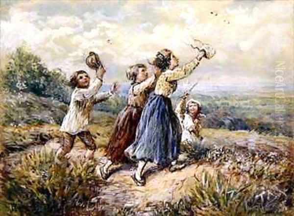 Children Chasing Butterflies Oil Painting by Myles Birket Foster